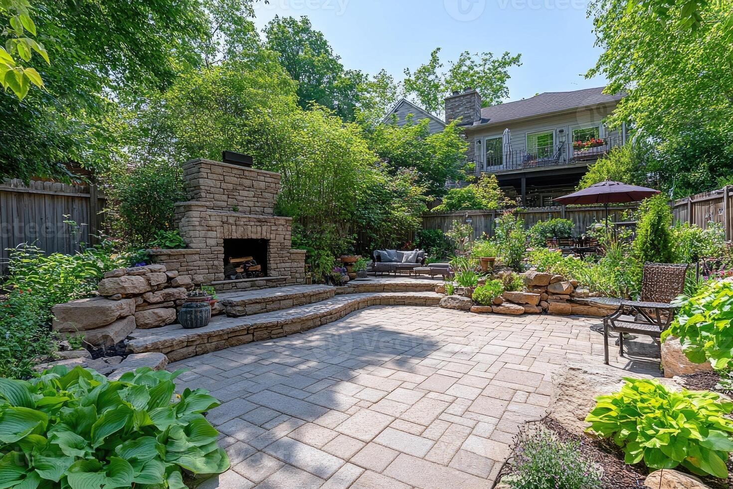 Stone fireplace enhancing backyard patio with lush landscaping photo