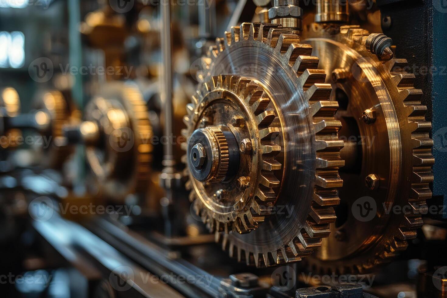 Close up view of interlocking gears rotating in complex machinery photo