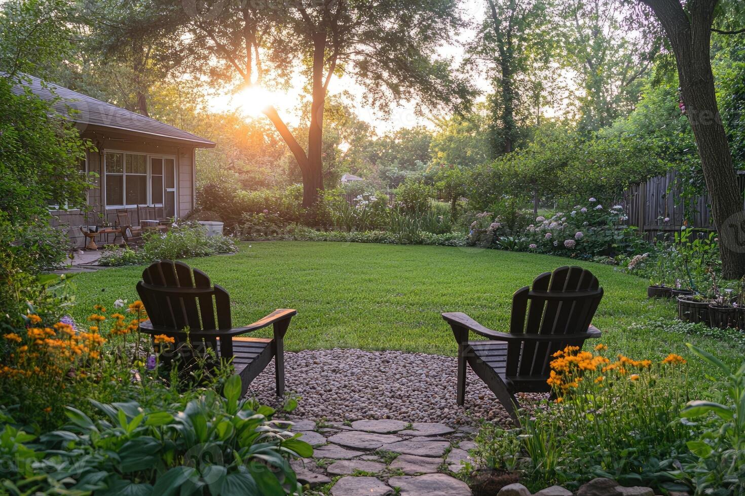 Sun setting on lush green backyard garden with adirondack chairs photo