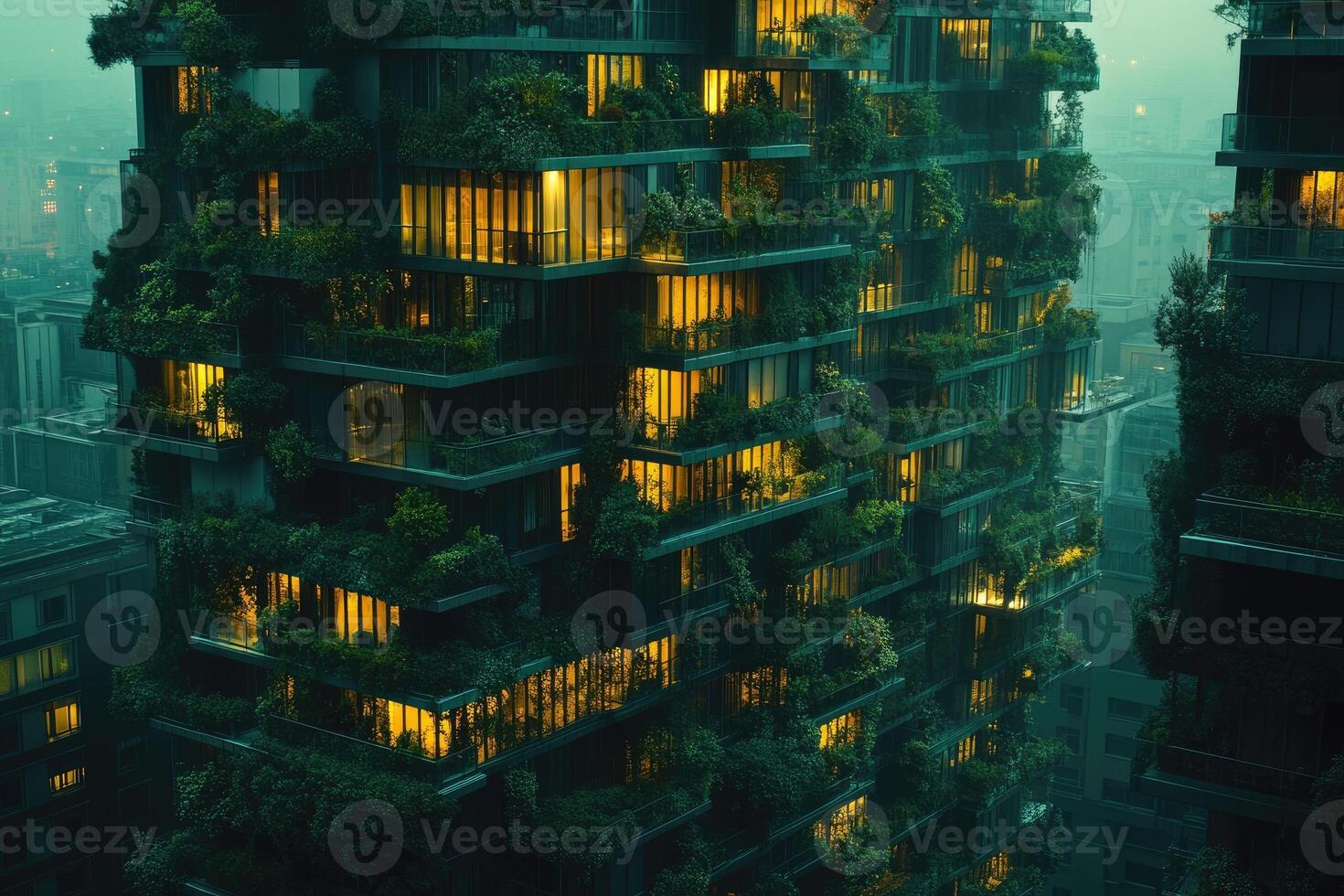 Futuristic green skyscraper illuminating night city with sustainable architecture photo