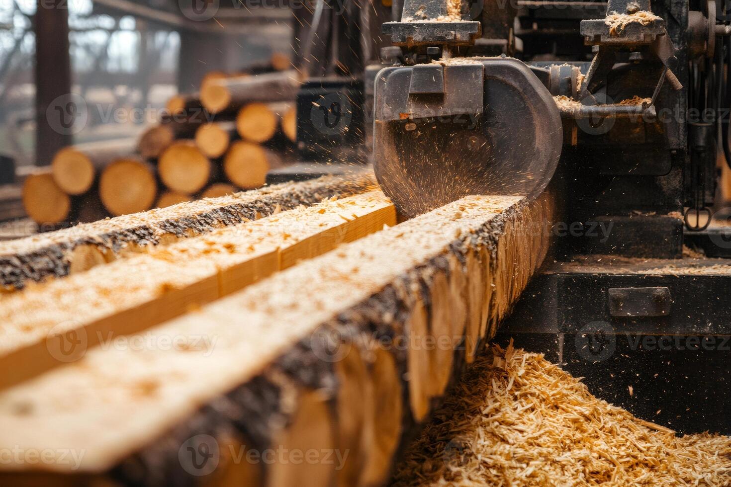 Sawmill cutting wooden beam with pile of logs in background photo