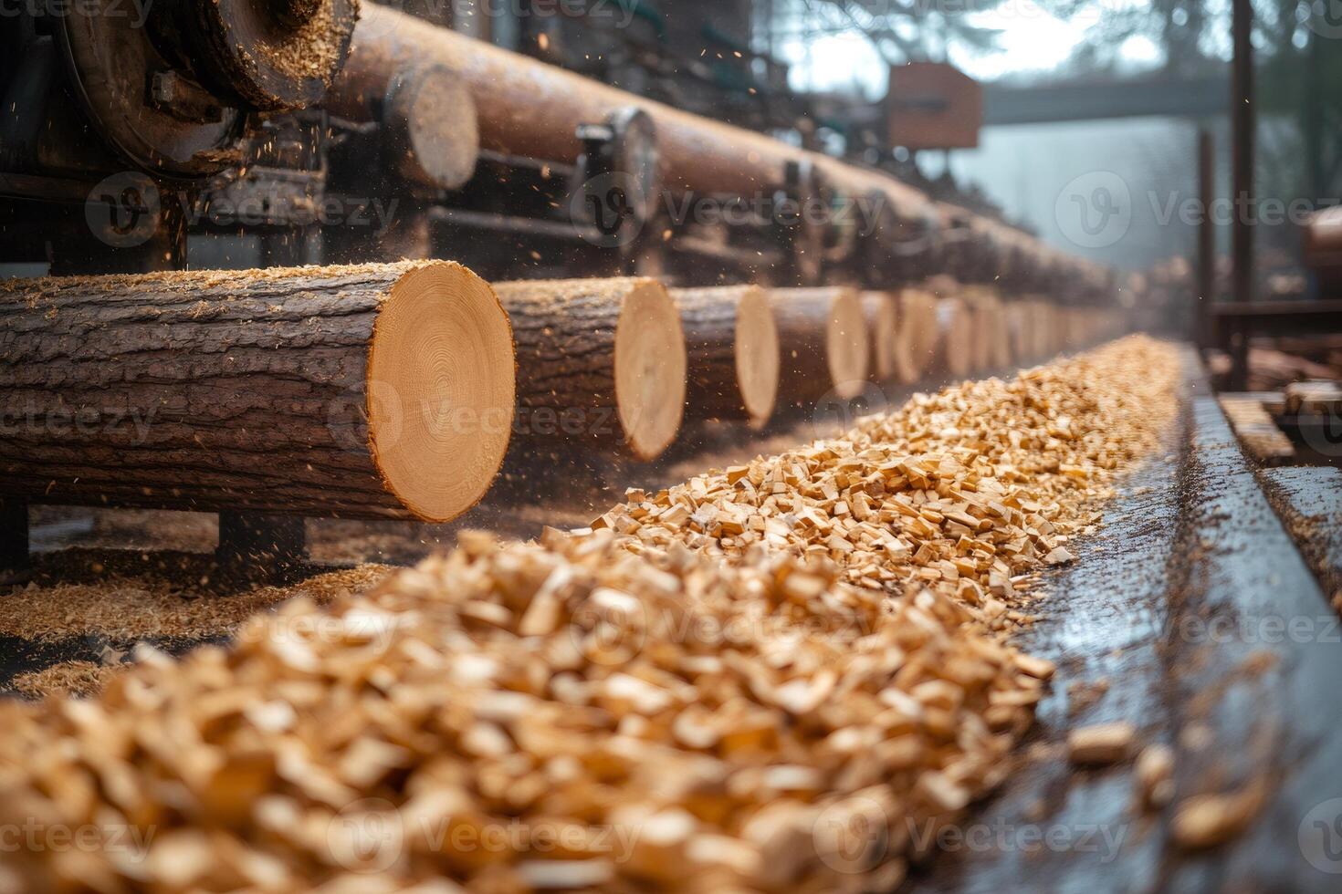 Sawmill processing freshly cut logs into lumber with wood chips photo