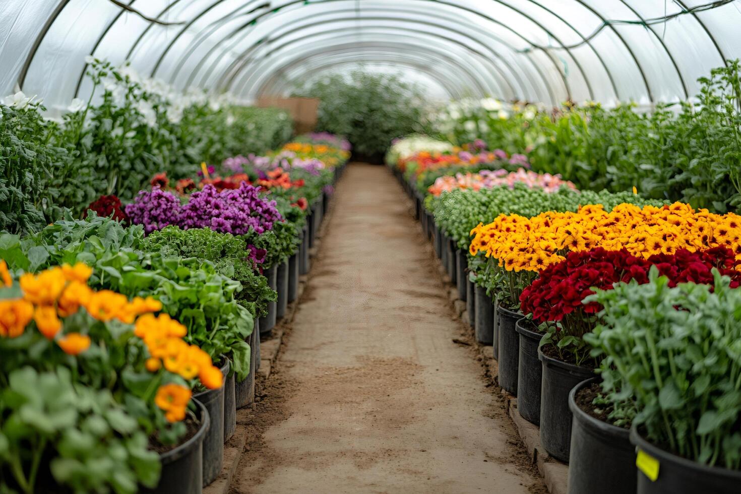 Colorful flowers growing in pots in greenhouse nursery.. photo
