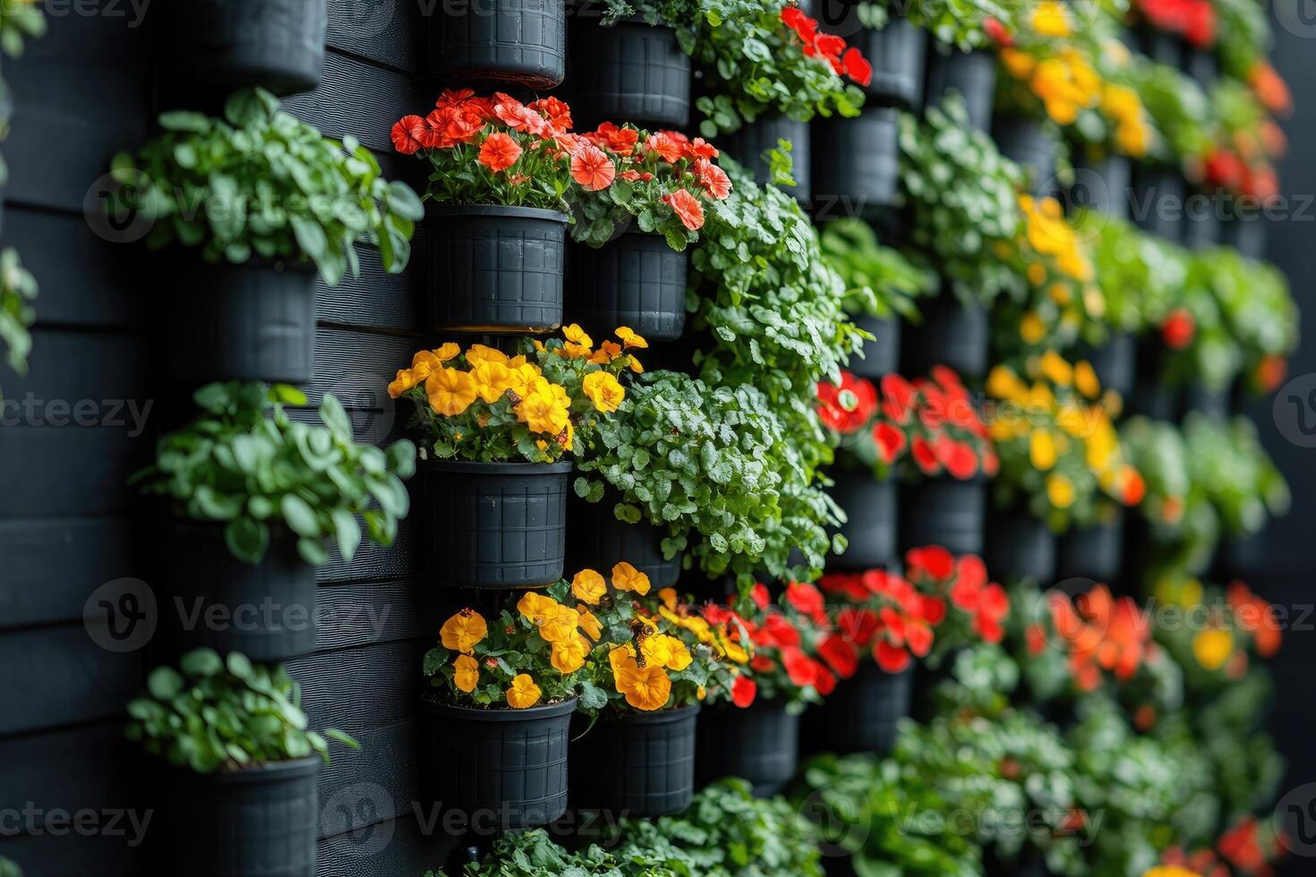 Colorful flowers and lush greenery growing in wall mounted pots creating a vertical garden photo