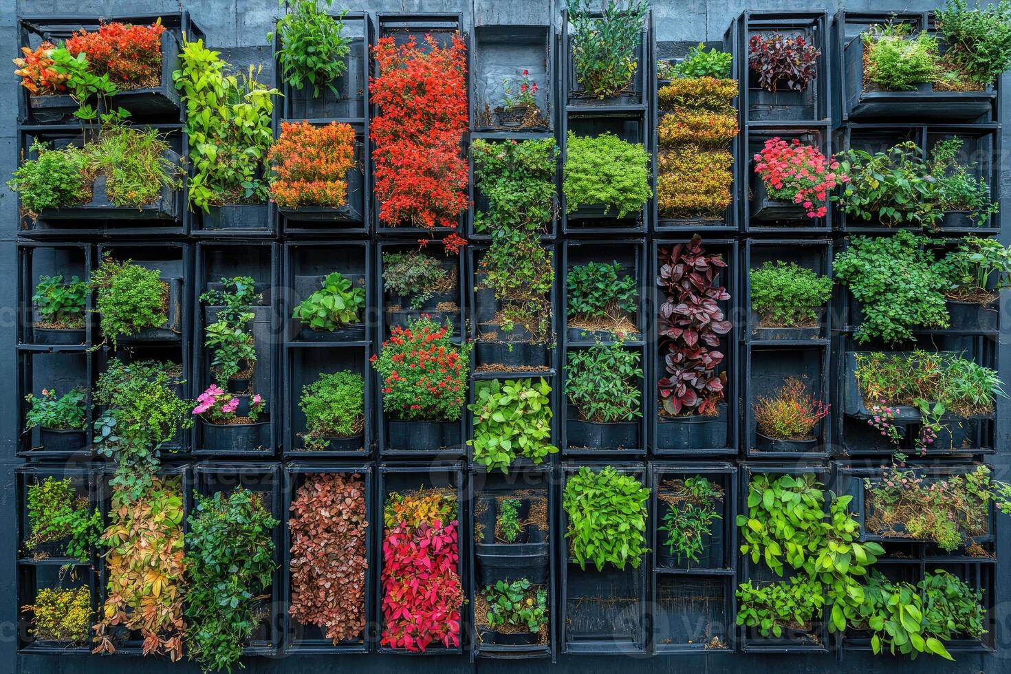 Vertical garden showing colorful plants growing in modular containers. photo