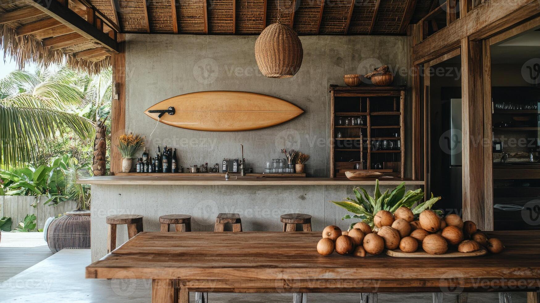 Surfboard decorating rustic tropical bar with coconuts on table photo