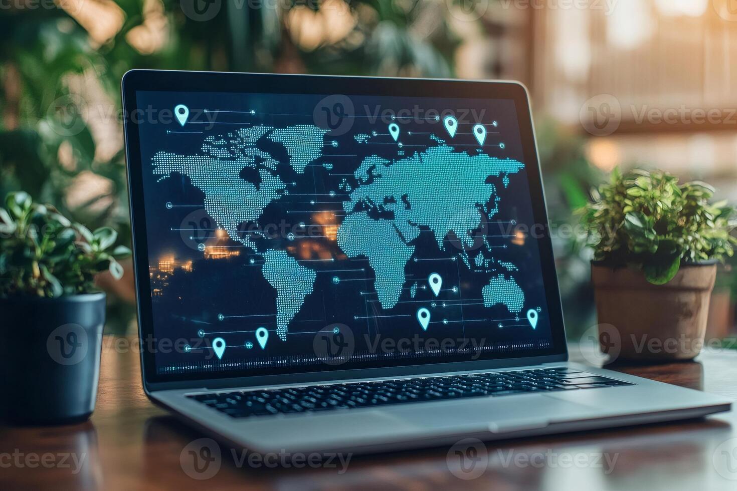 Laptop showing global network and locations on world map in office setting photo