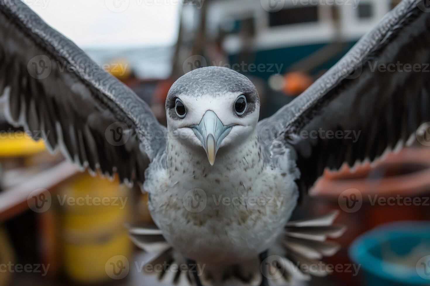 Northern fulmar flying over fishing boat, majestic seabird in action photo