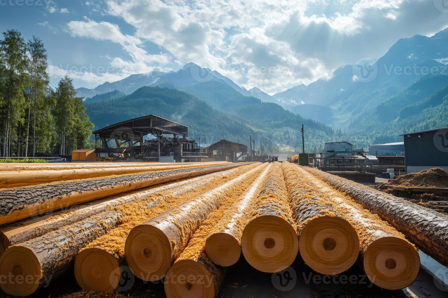 Freshly cut logs drying in the sun at a lumber mill in the mountains photo