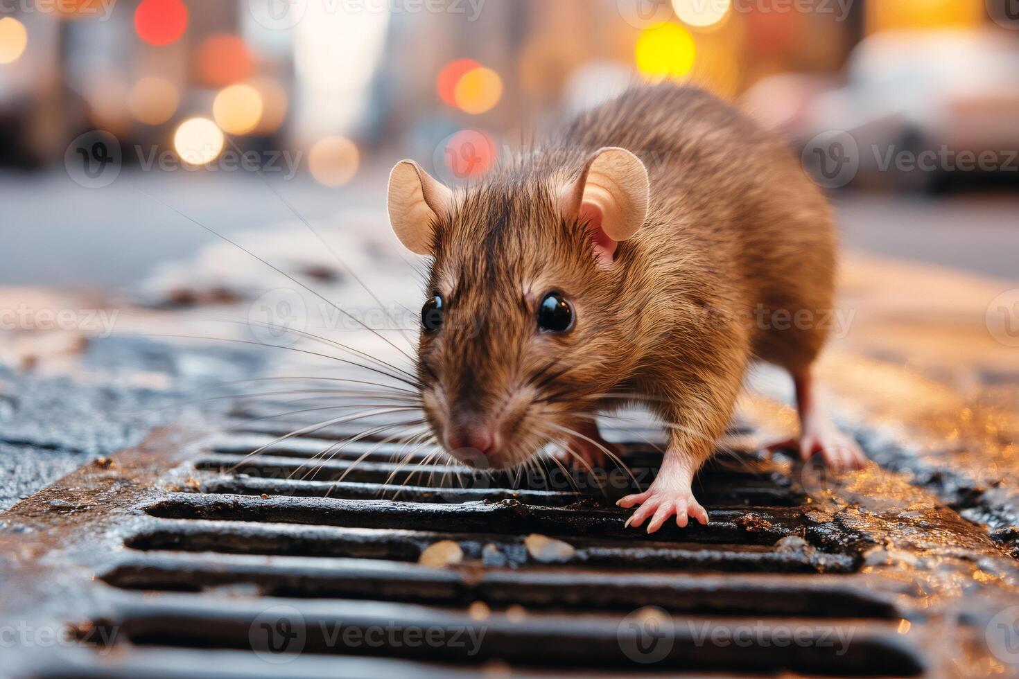 Brown rat exploring city street at night, rodent emerging from sewer grate photo