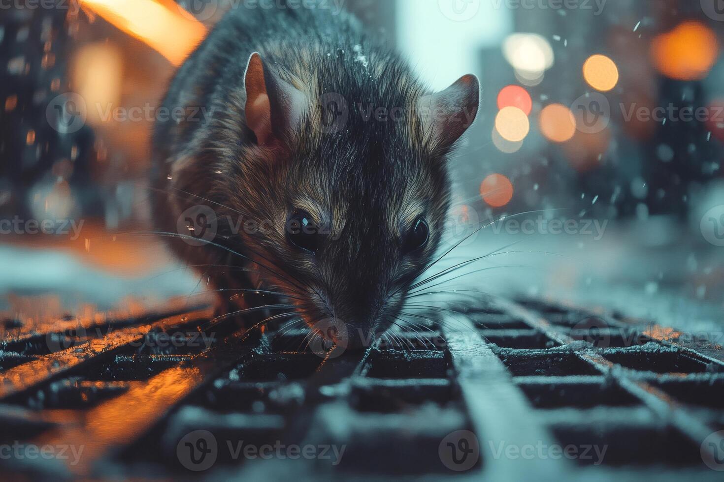 Brown rat emerging from sewer grate in city street at night photo