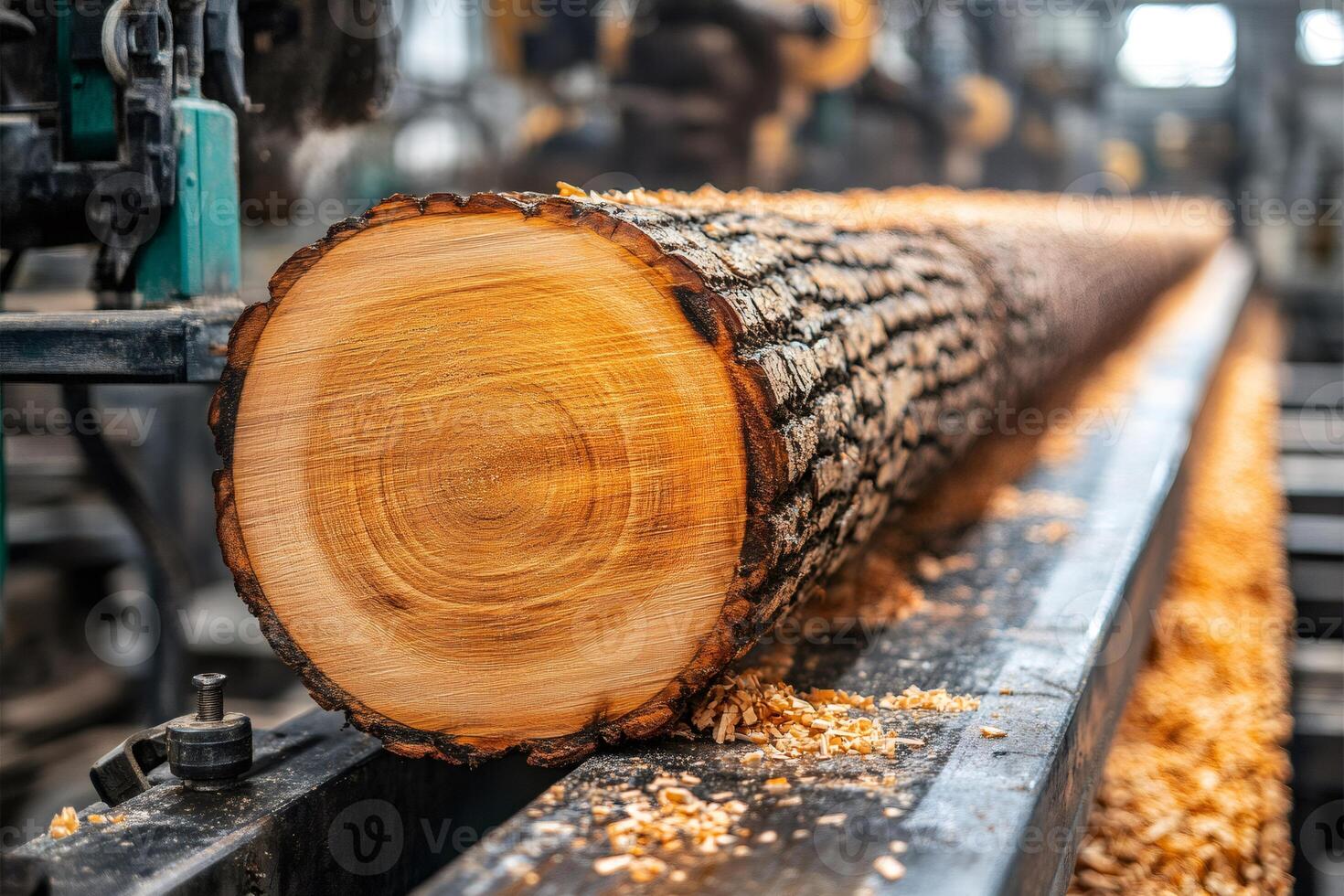 Woodworking industry, log moving on conveyor belt in sawmill photo