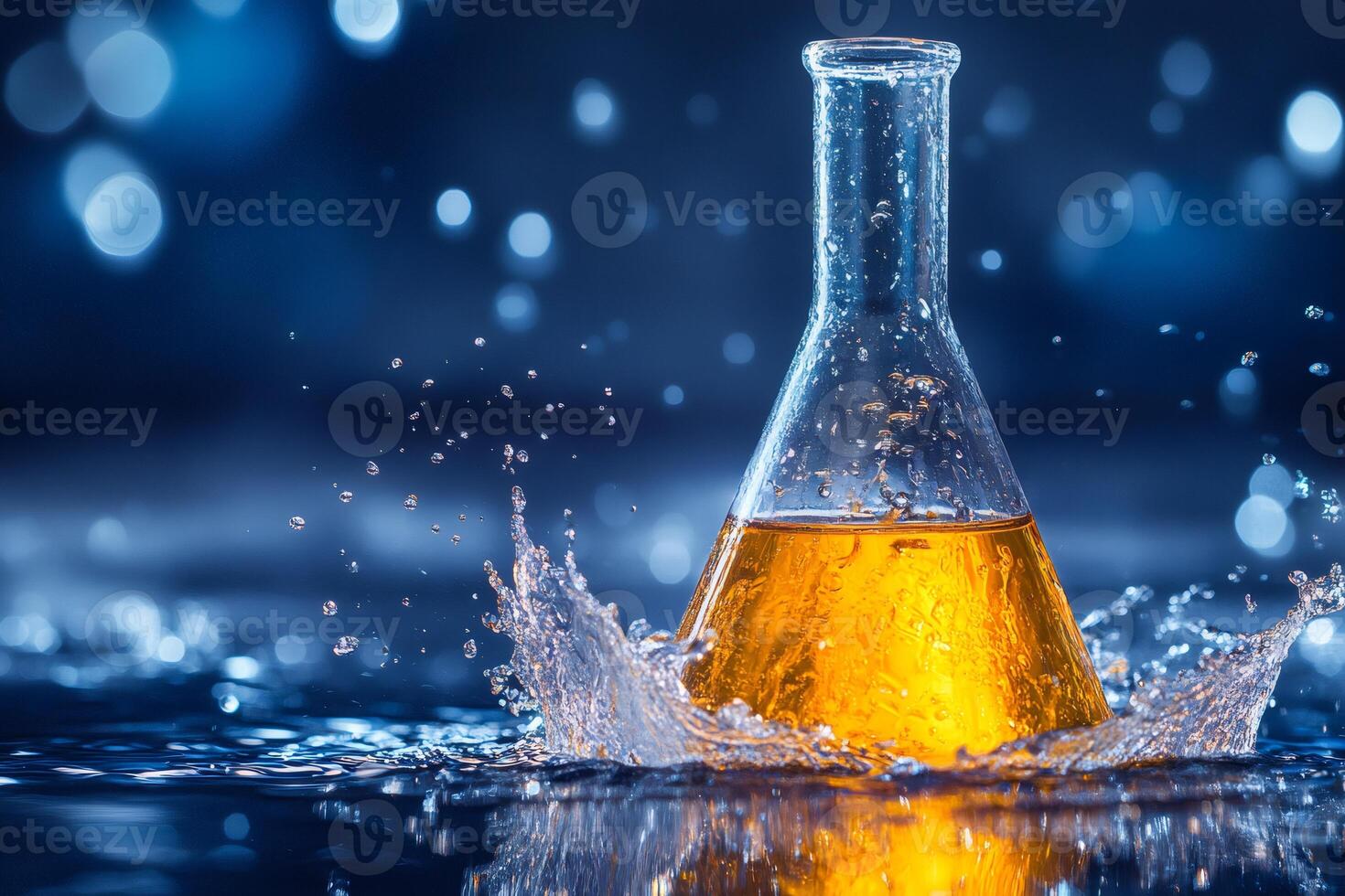 Erlenmeyer flask with orange chemical liquid splashing in water on blue bokeh background photo