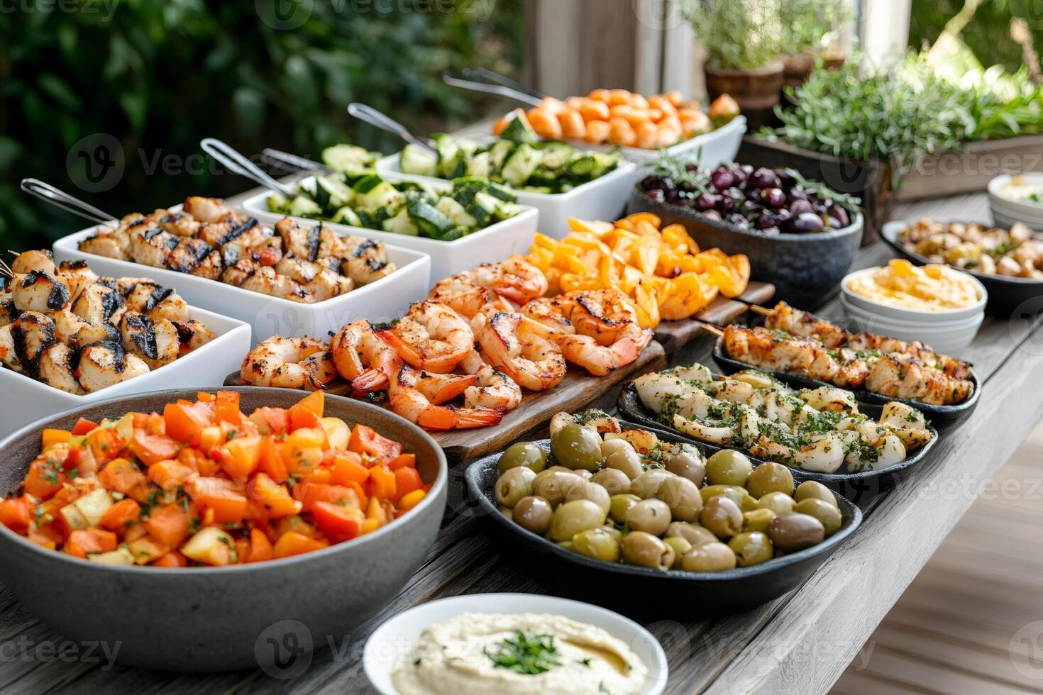 Catering buffet with grilled shrimps, fish, vegetables, and olives displayed on table photo