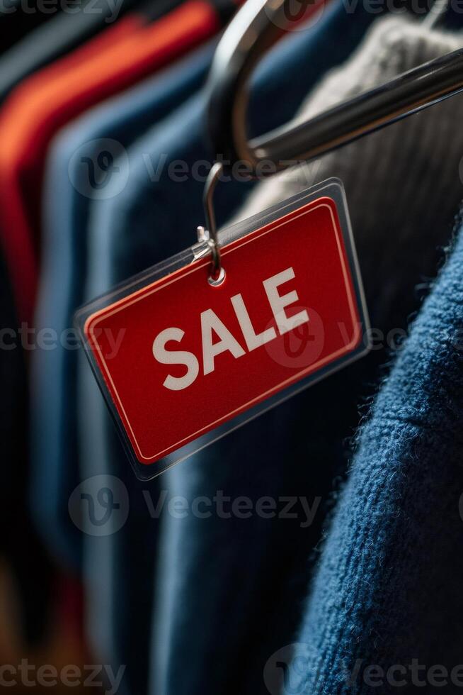 Red sale sign hanging on clothes rack in a clothing store photo