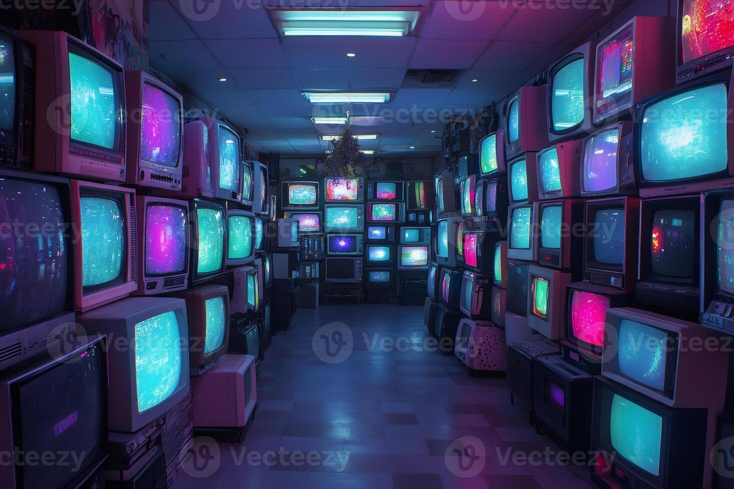 Retro tvs showing static noise creating a vintage, futuristic atmosphere in dark room photo