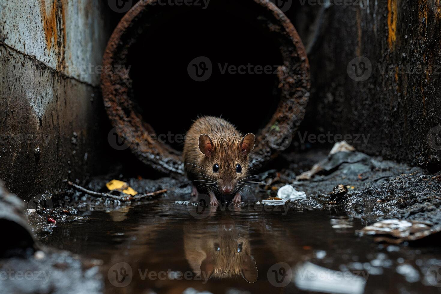Brown rat emerging from sewer pipe in dirty environment photo
