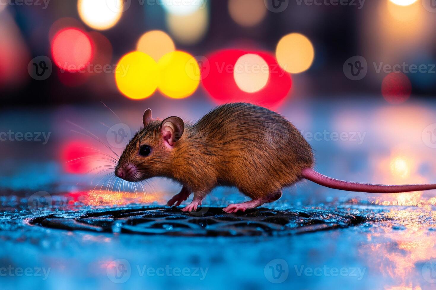 Brown rat walking on wet pavement at night with city lights blurred in background photo