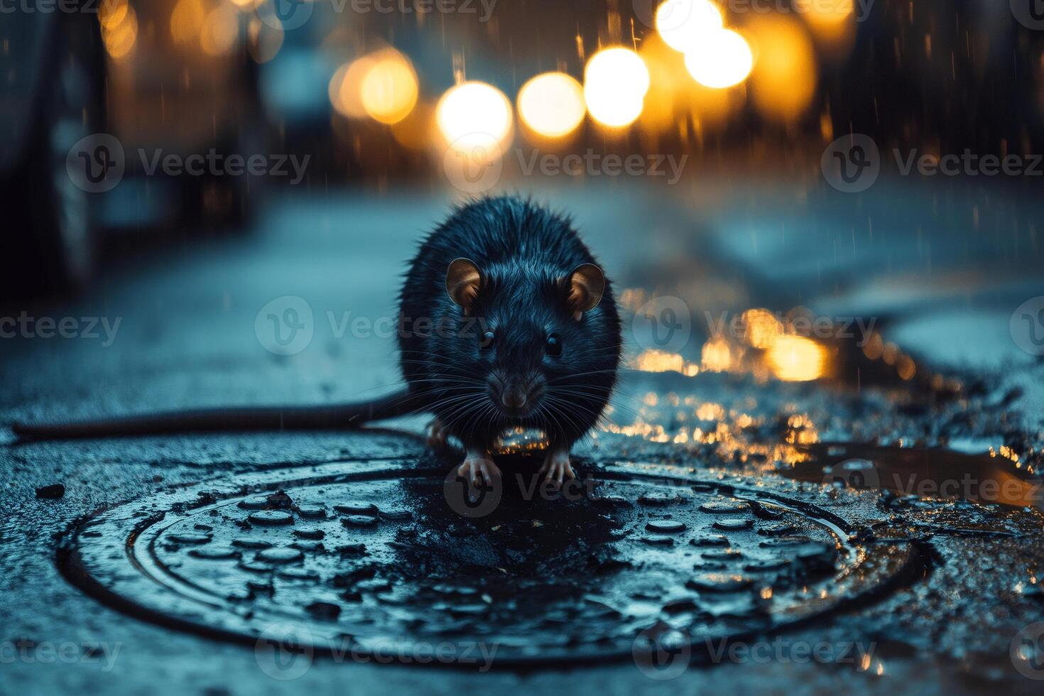 Wet black rat emerging from sewer during rain at night photo