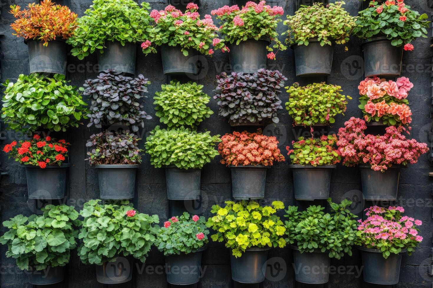 Vertical garden showing colorful flowers and plants growing in pots on black wall photo