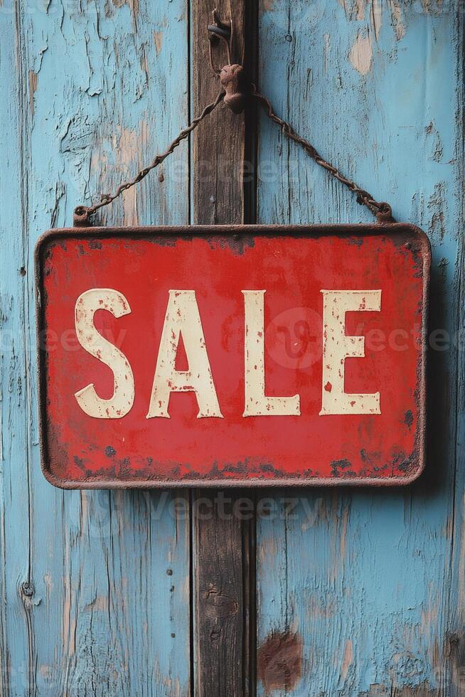 Rusty red sale sign hanging on weathered blue wooden wall photo