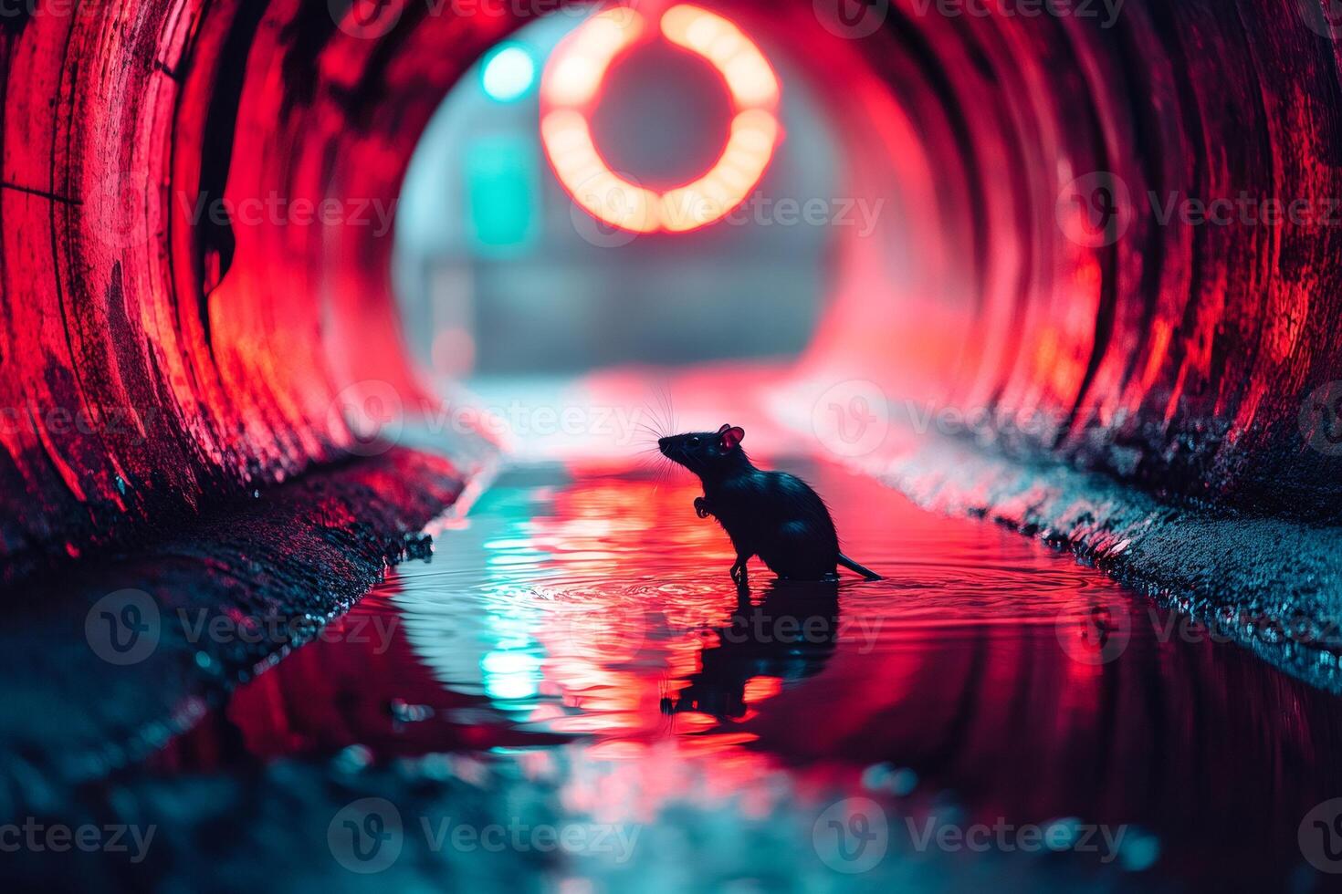 Black rat standing in water inside red illuminated tunnel photo
