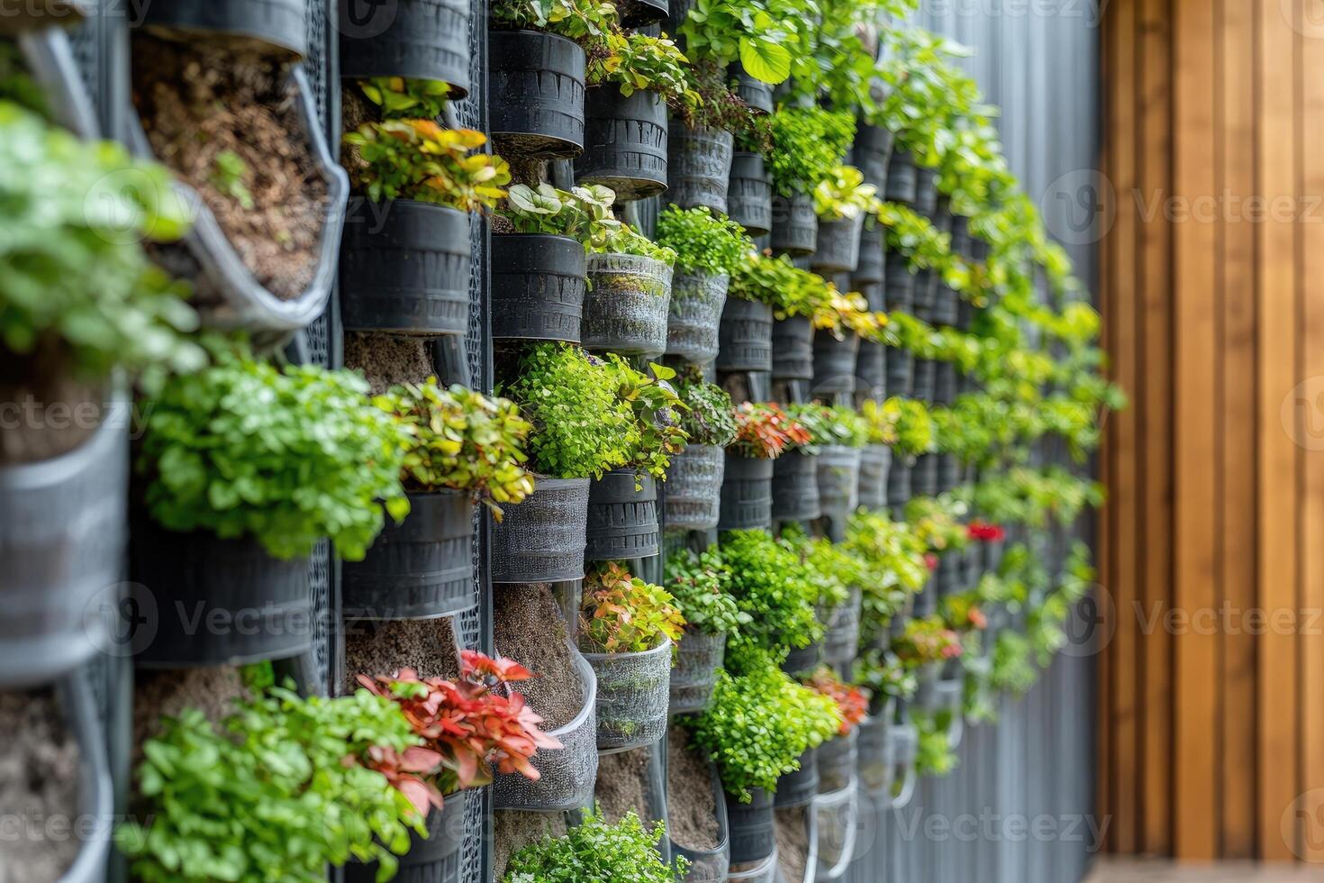 Vertical garden displaying lush greenery and vibrant flowers on building wall photo