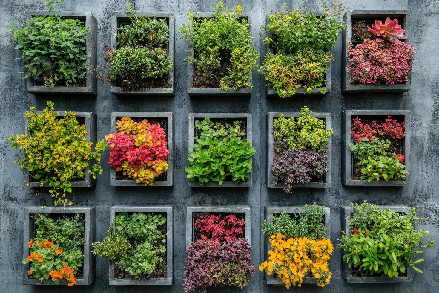 Colorful plants growing in square pots on vertical garden wall photo