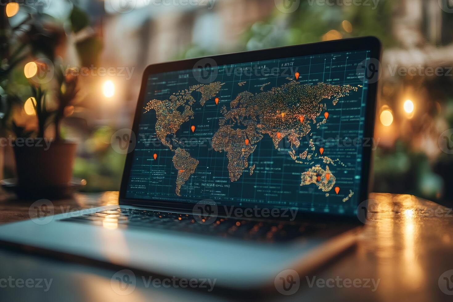 Laptop showing world map with pins highlighting global locations in cozy setting photo