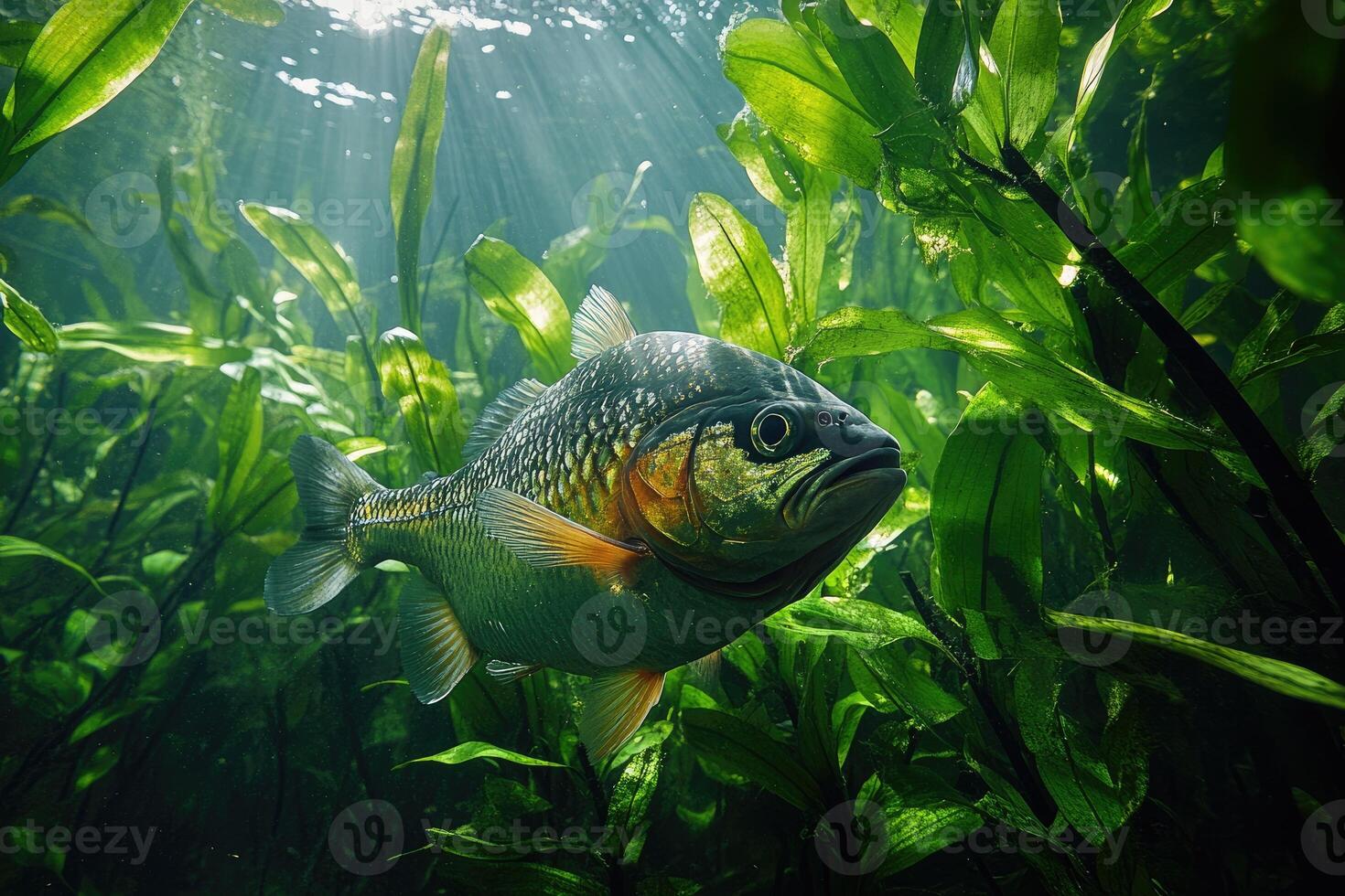 Freshwater fish swimming in lush green aquatic plants. photo