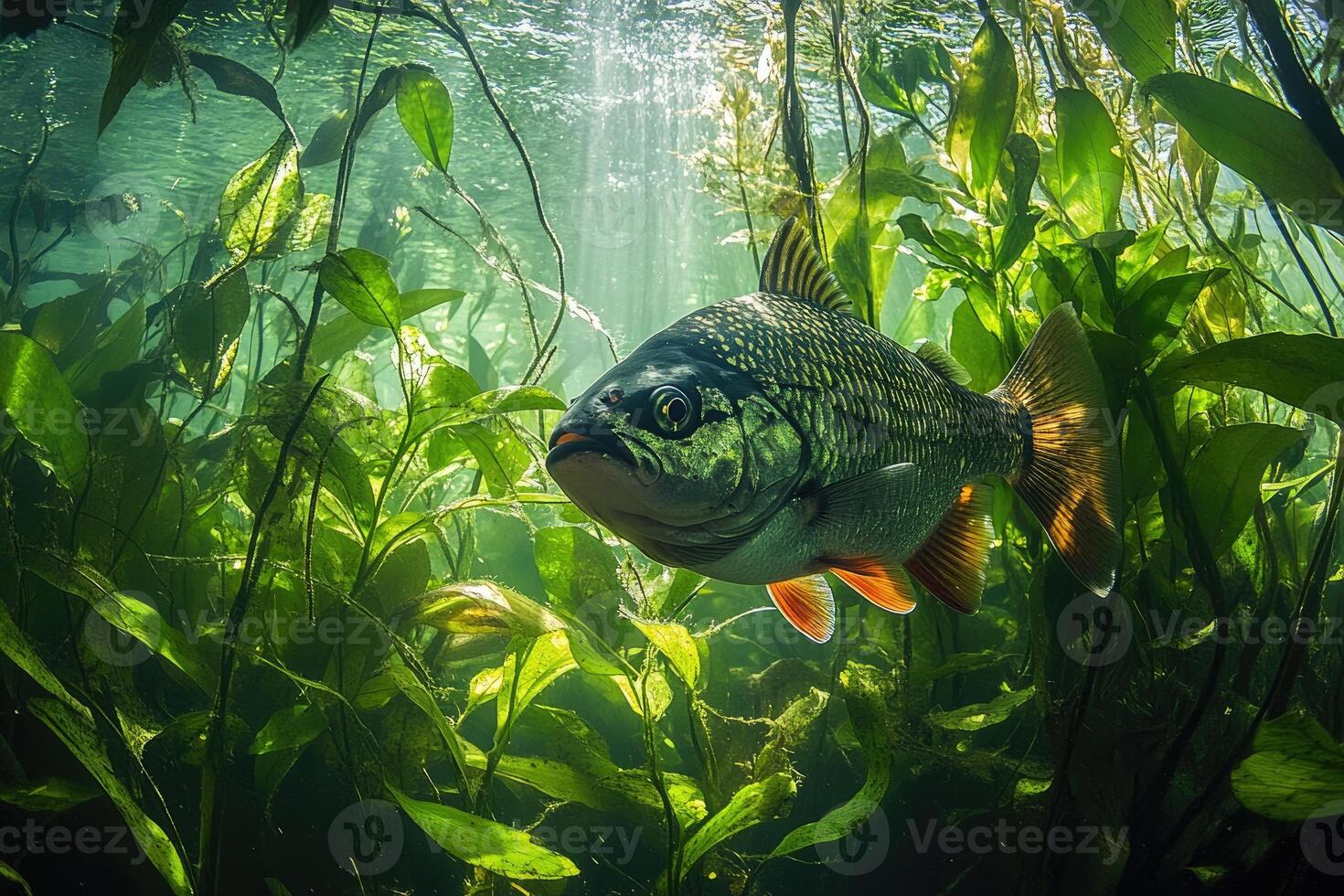 Golden dorado fish swimming in lush green river plants photo