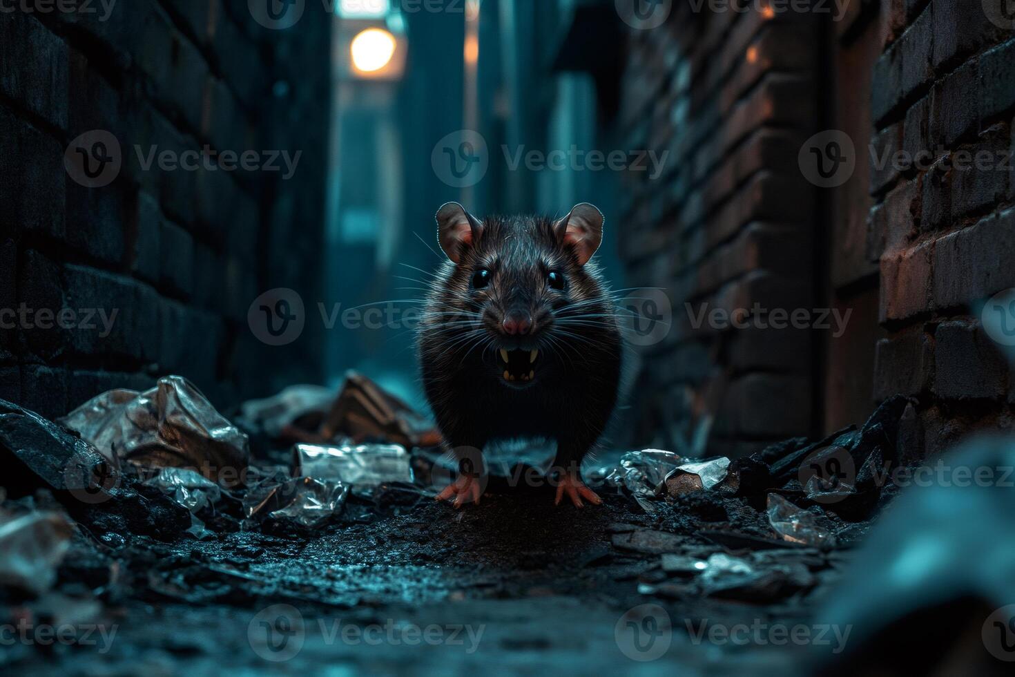 Aggressive rat showing teeth in dark alley at night photo