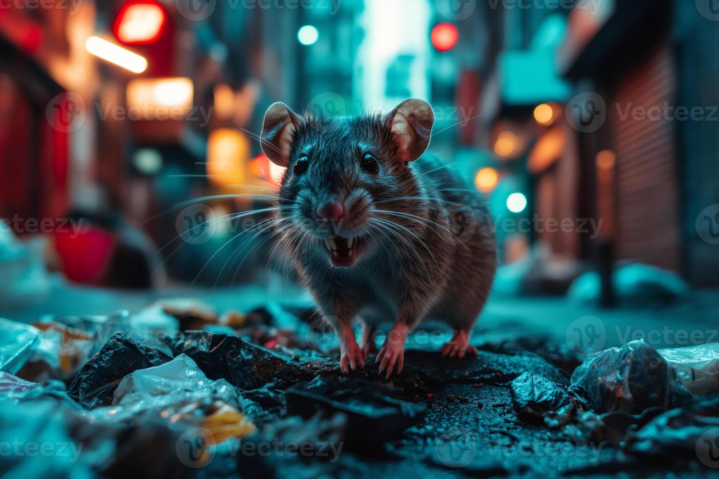 Wild rat standing on garbage in a city street at night photo