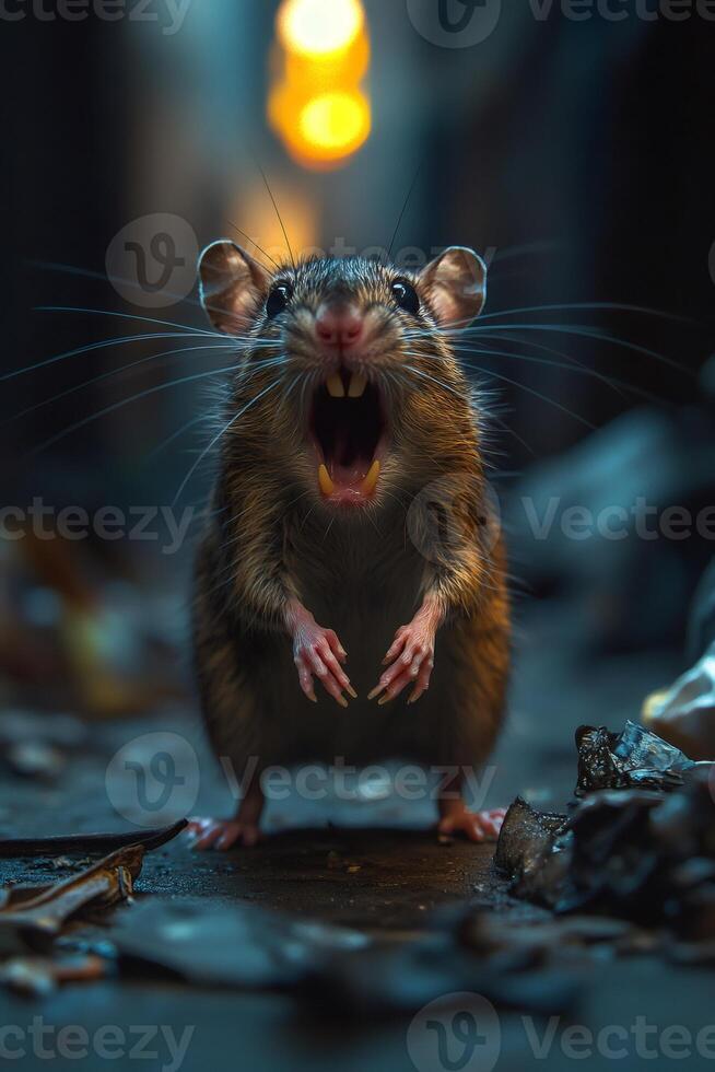 Aggressive rat showing teeth and claws in urban environment photo