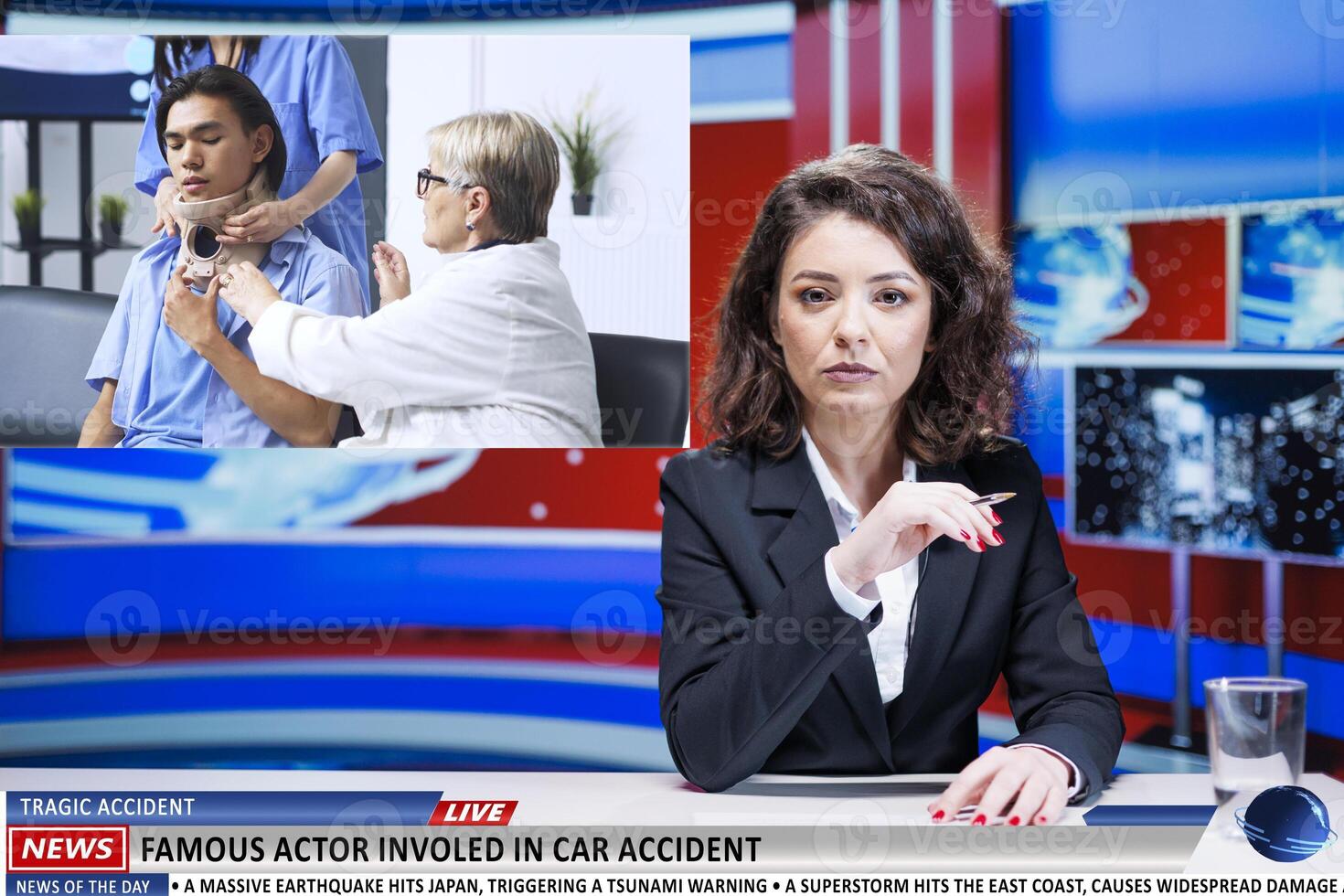 News anchor announces car accident news, famous actor involved in tragic misfortune event receiving medical help. Woman broadcaster presenting tragedy news about celebrity, live tv. photo