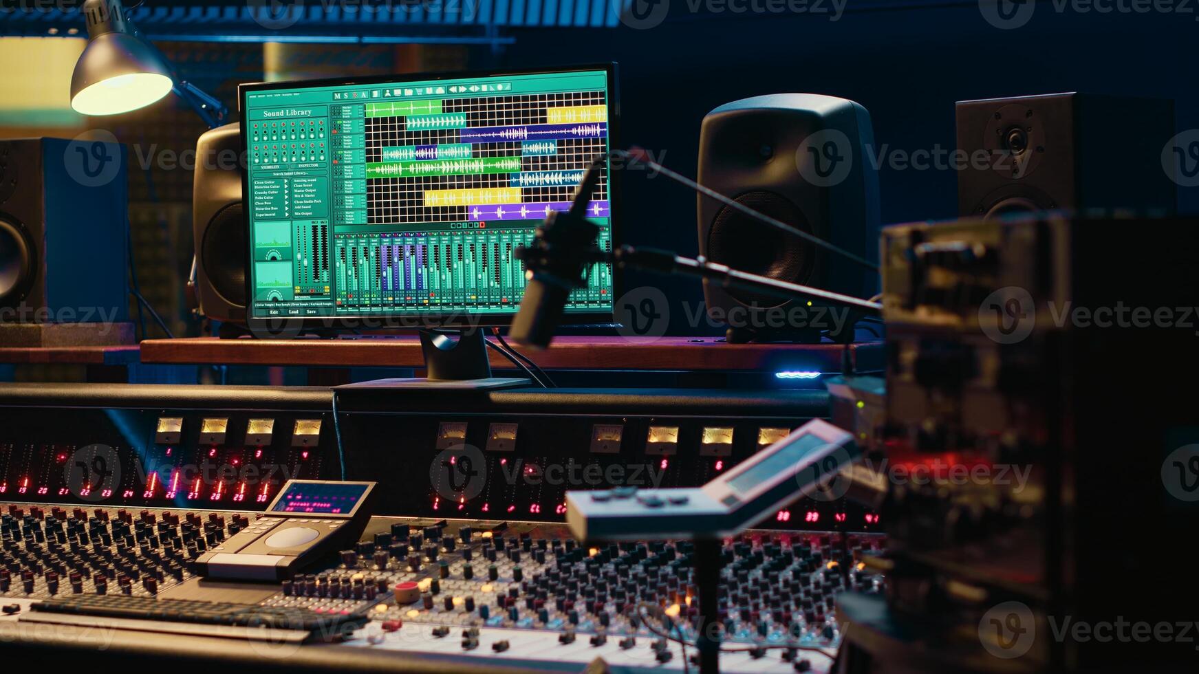 Music recording studio control room with daw software used to mix and master audio tracks, empty soundproof professional space. Modern sliders on control panel board to edit sound waves. photo