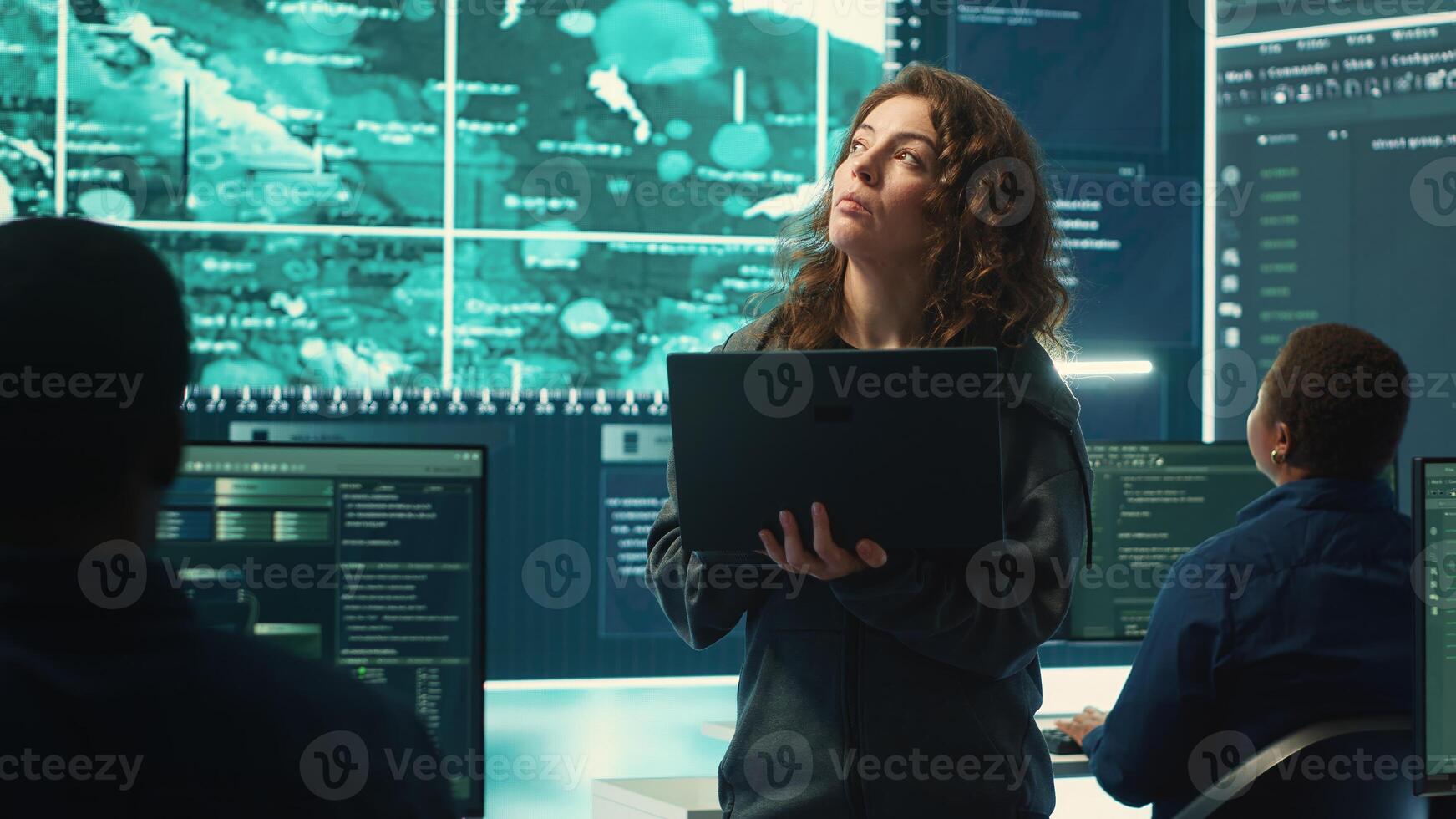 Governmental hackers execute cyber attacks by breaking passwords, compromising online security. Specialists infiltrate digital networks, breaching security protocols. Cyber surveillance. Camera A. photo