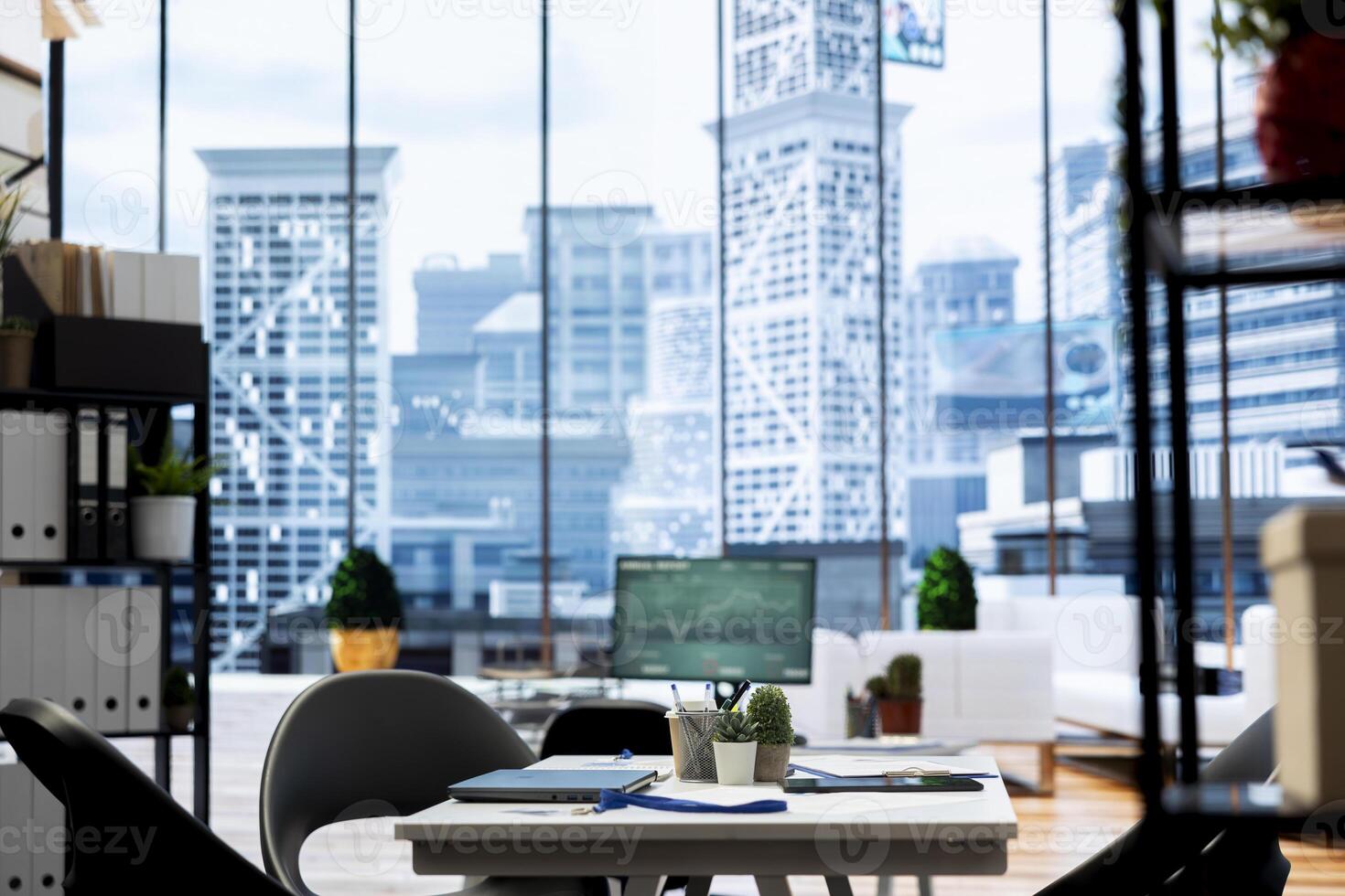 Empty company financial department with stock portfolio on computer containing collection of investment assets. Workspace with live index indices on PC screen showing stock demand surge photo