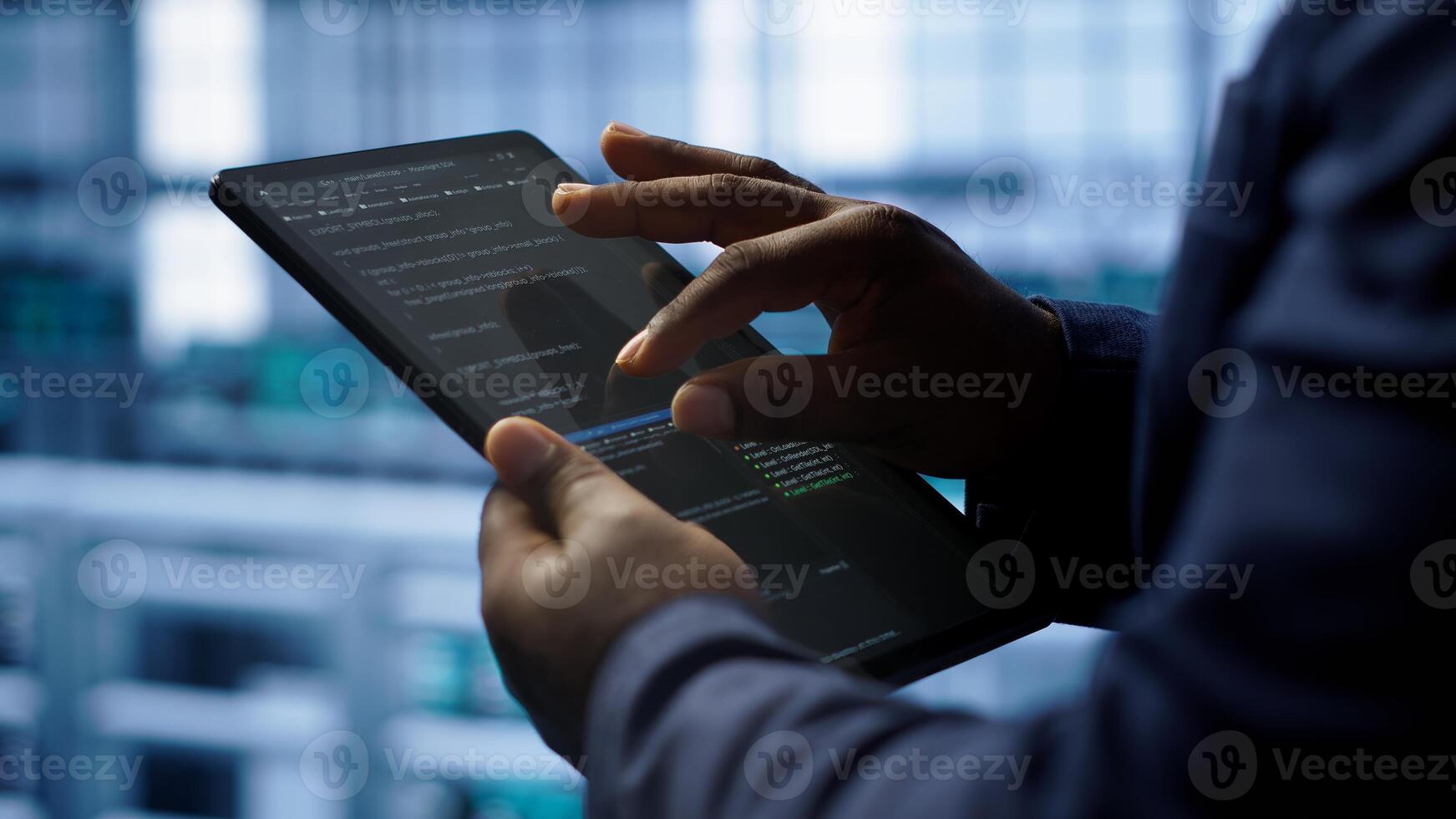 Software developer does yearly checkup using tablet to prolong data center electronics life span. Close up shot of worker in server room monitoring server infrastructure using digital device, camera A photo