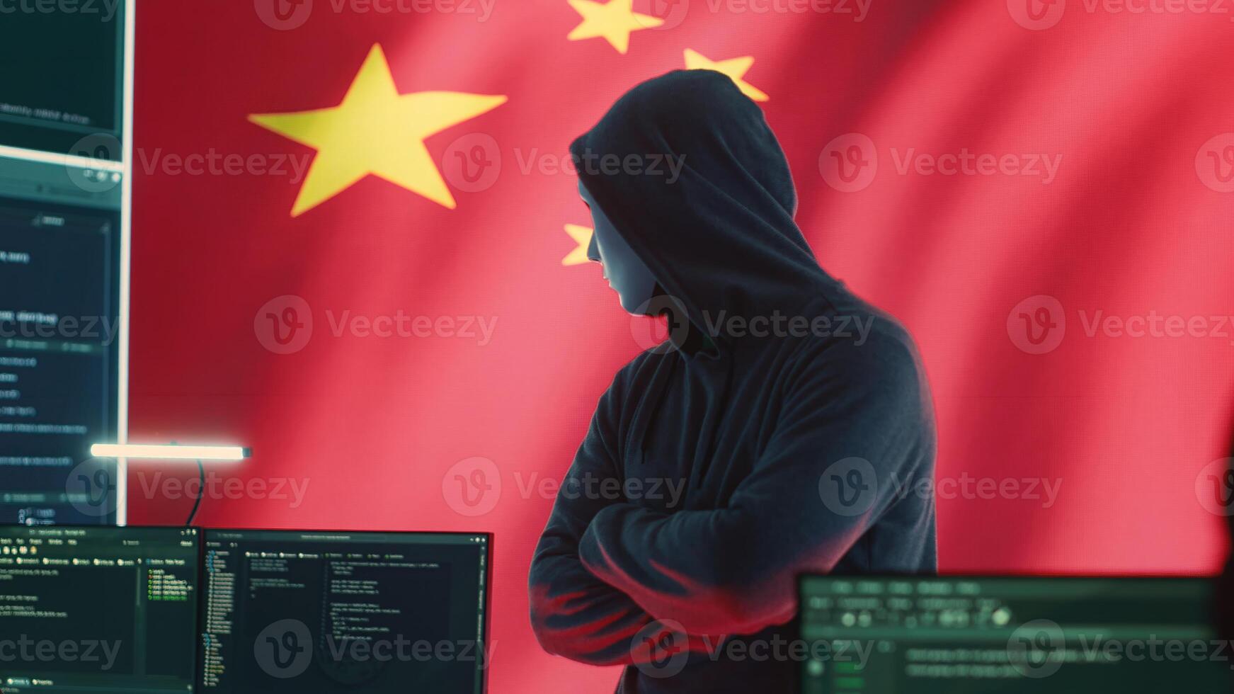 Chinese cyber forces hacking computer systems in a governmental agency, fake news and brainwashing for the communism ideology. Anonymous cyberterrorism and malicious activities. Camera A. photo