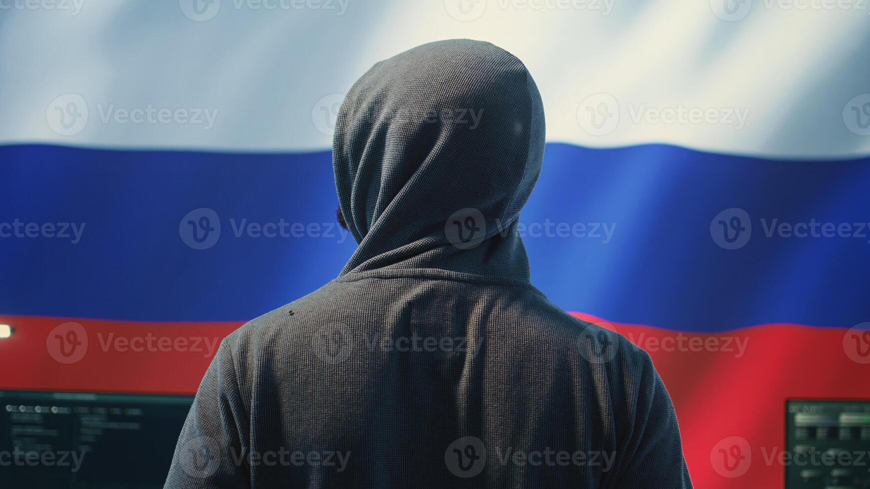 Expert in governmental hacking room with a Russian flag on big screen, individual in cyberwarfare and propaganda. Russian federation hacker works on sabotage and political manipulation. Camera B. photo