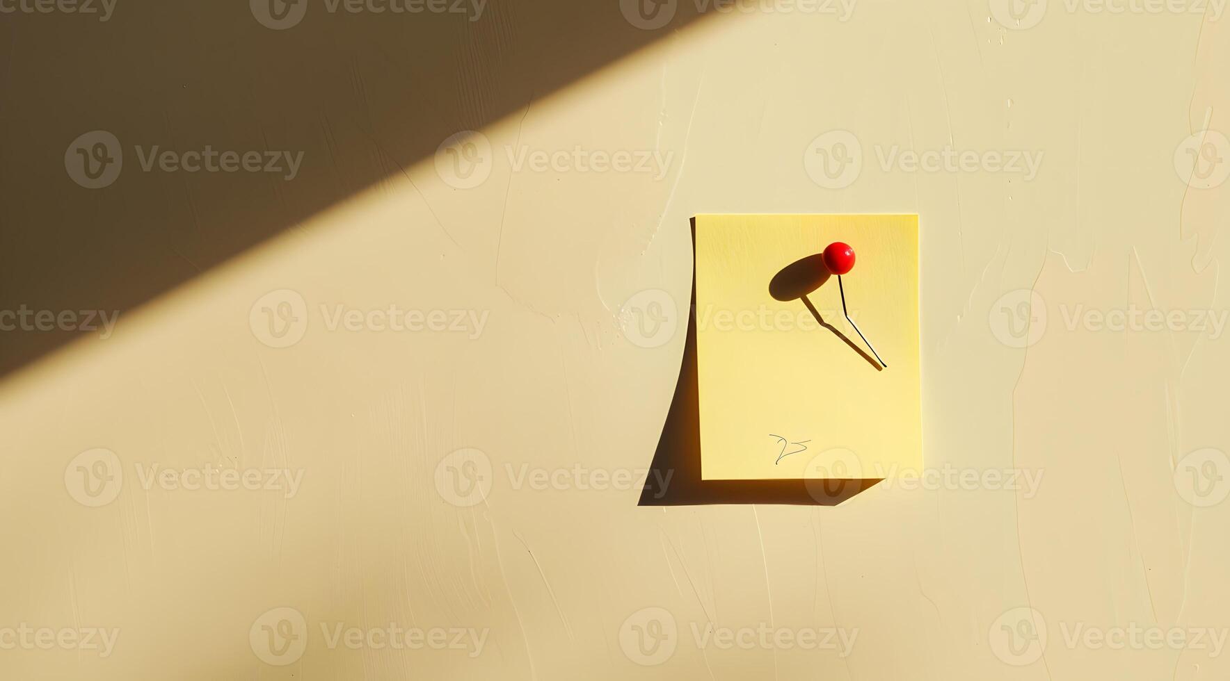 Yellow Sticky Note with Red Pushpin on Beige Wall photo
