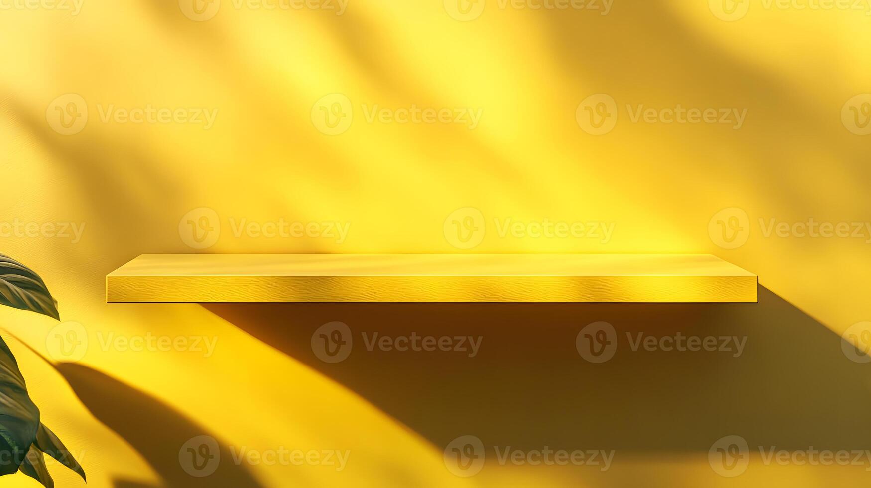 Yellow Shelf and Wall with Sunlight and Plant photo