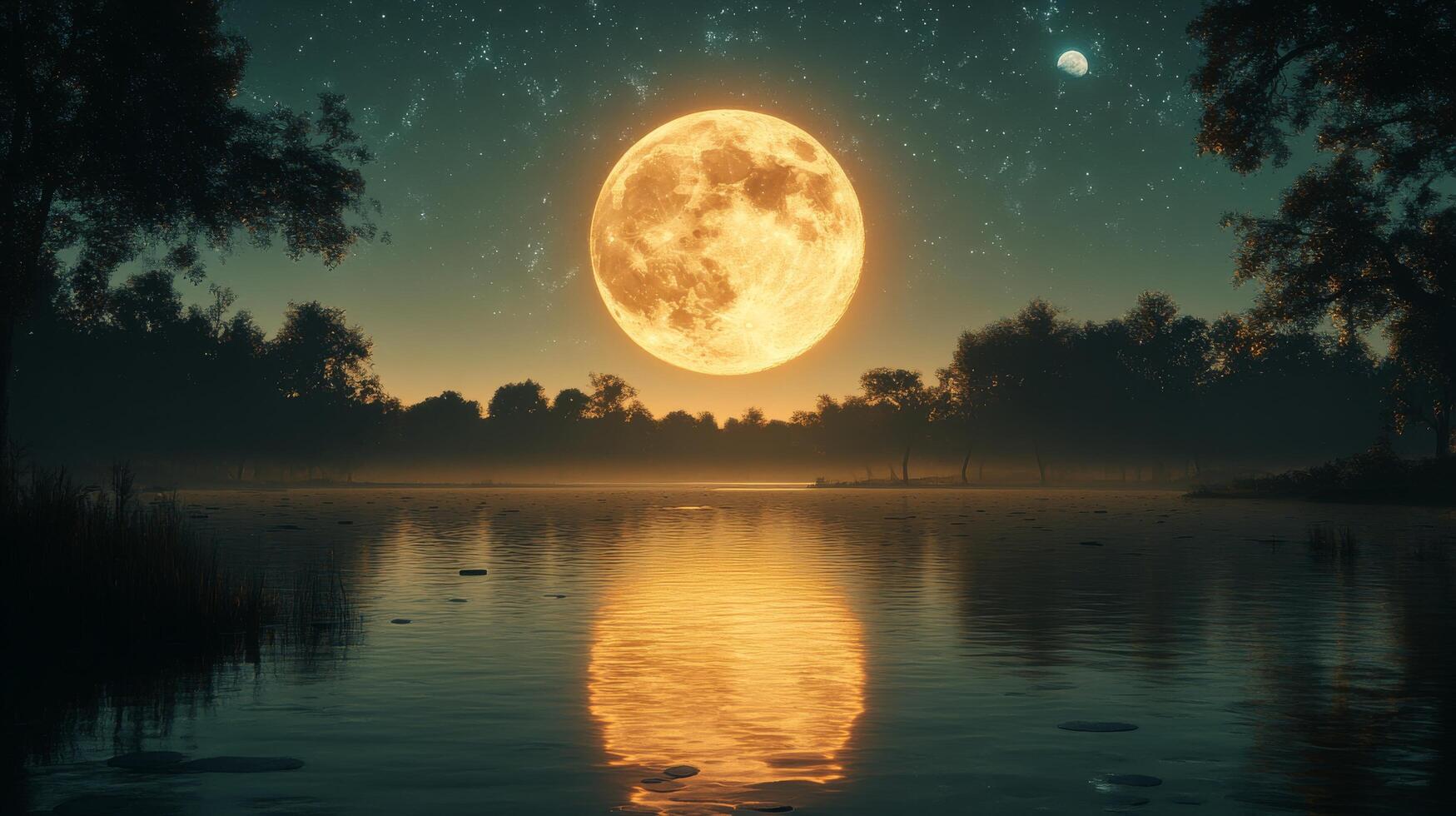 A full moon is seen over a lake at night photo