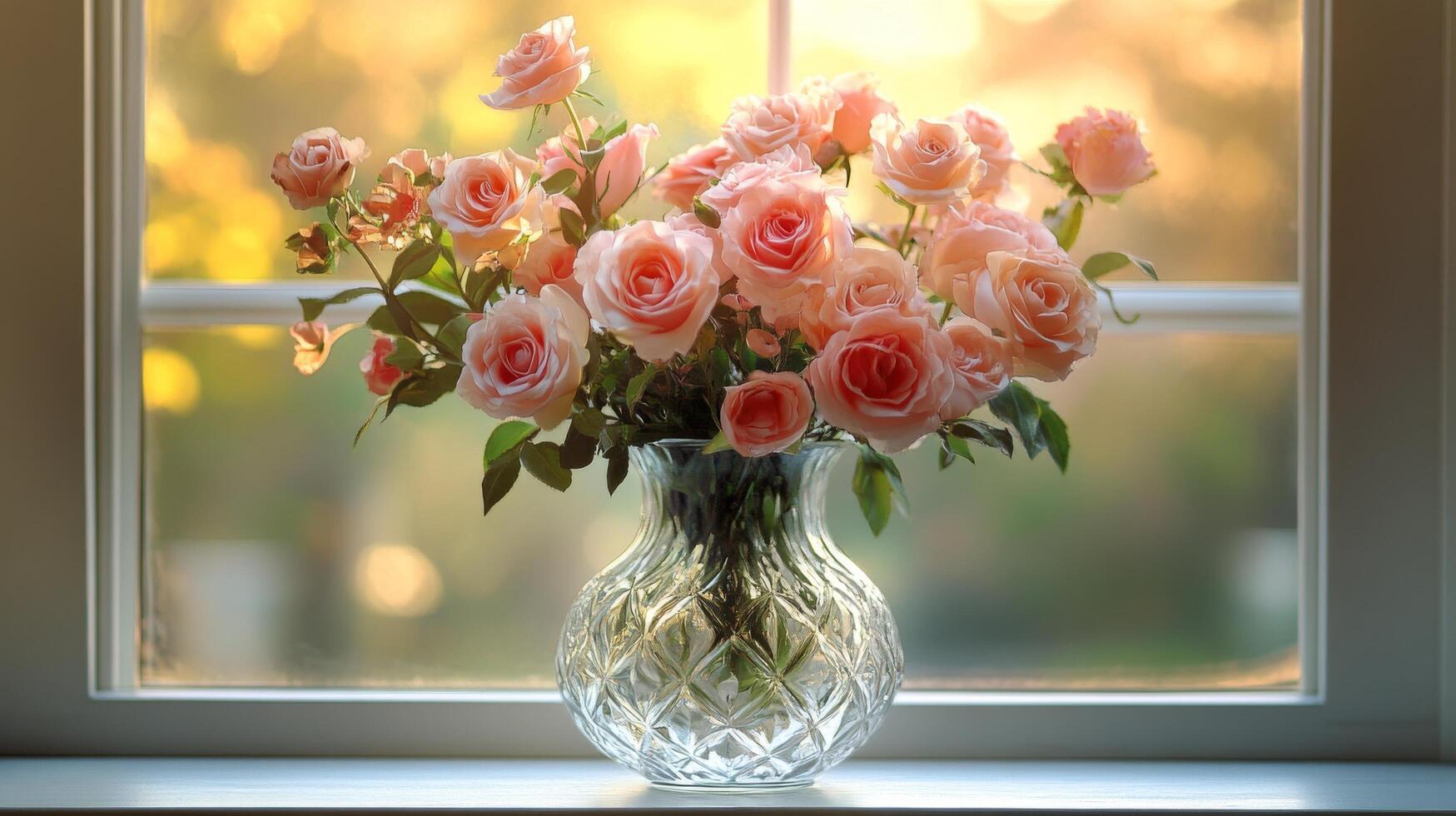 A vase of pink roses sitting on a window sill photo