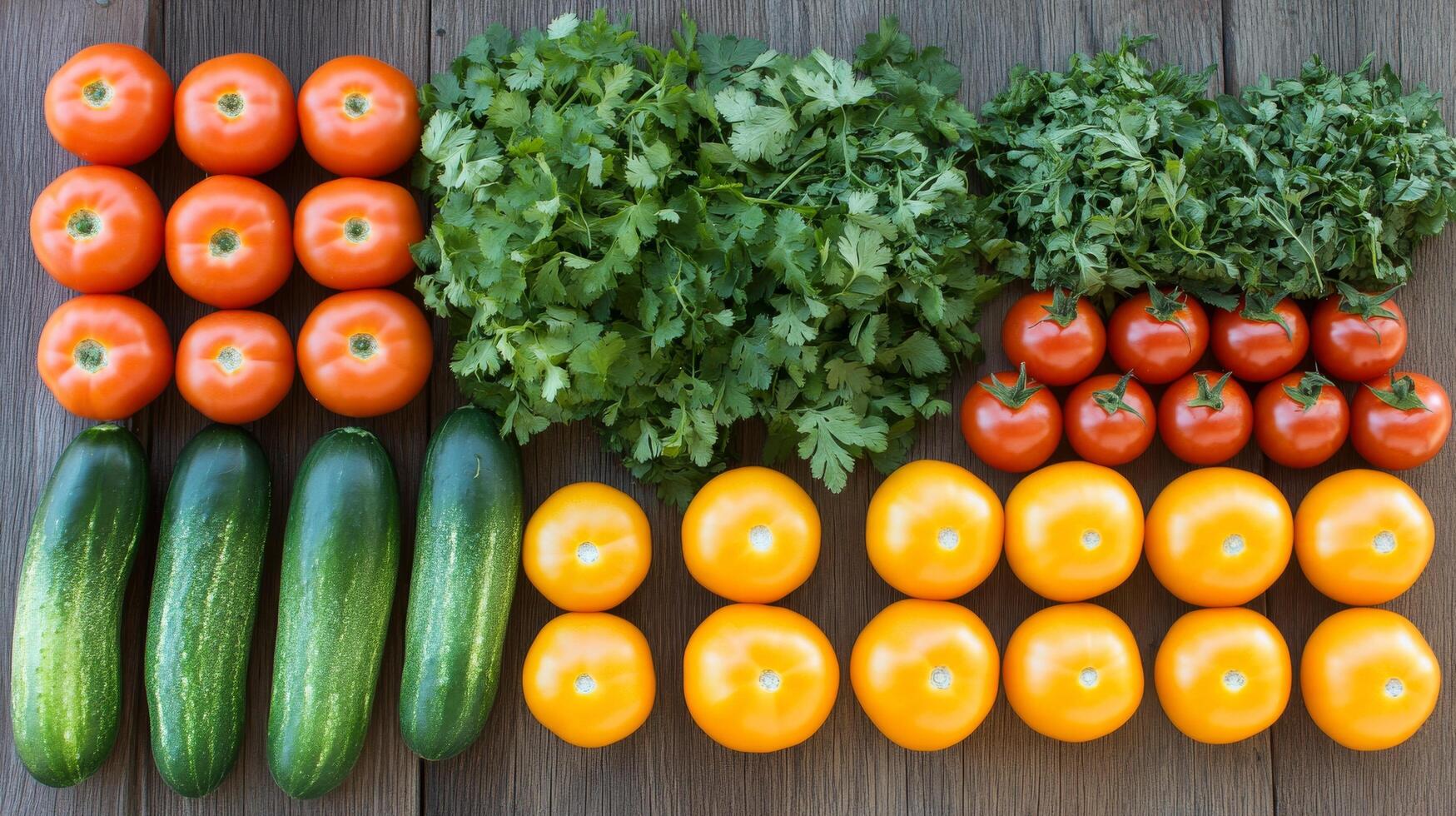 A variety of vegetables arranged in a row on a wooden table photo