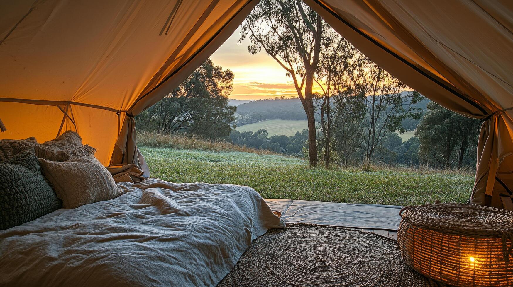 A bed inside a tent with a view of the sunset photo