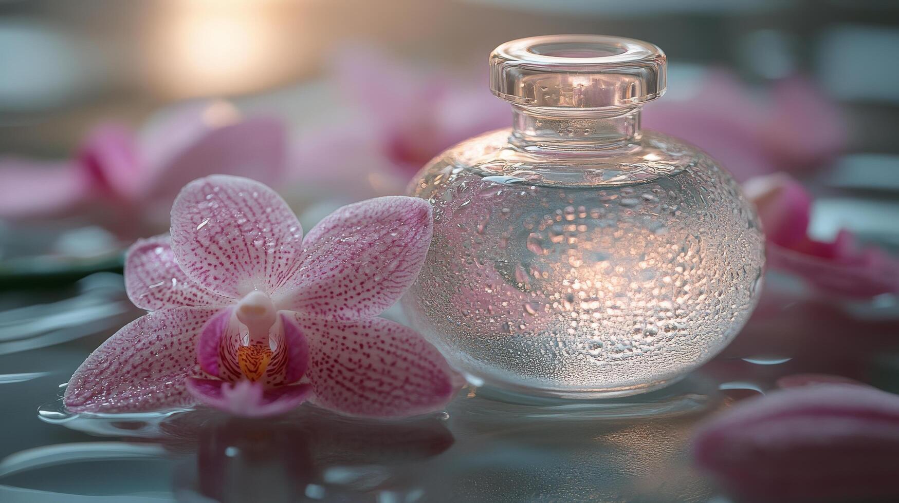 A bottle of perfume sitting on a table with a flower photo