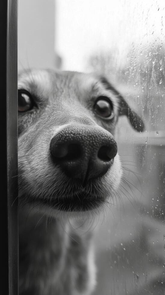 A dog looking out a window photo