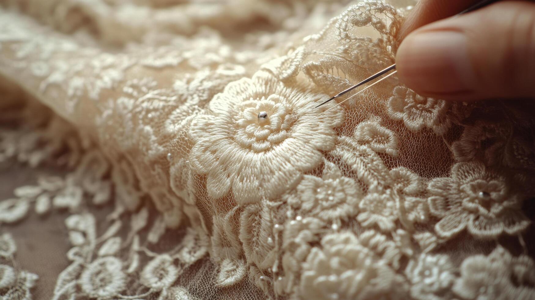 A person is sewing a lace pattern on a fabric photo